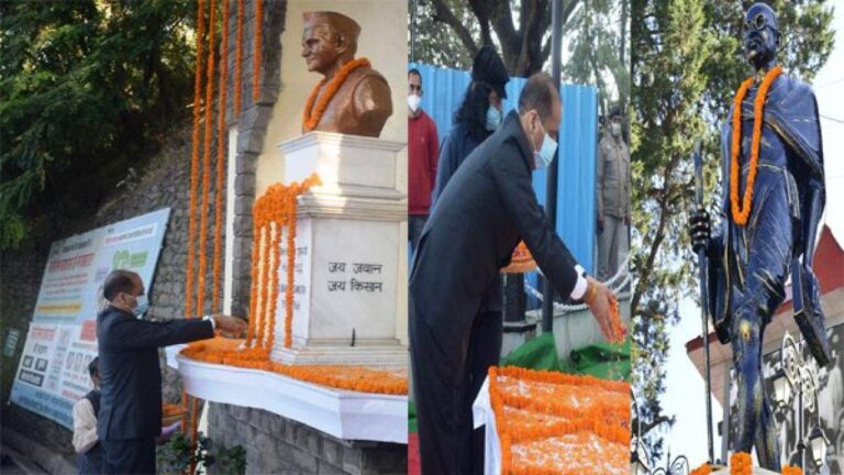 Chief Minister Jai Ram Thakur, state leaders and people from different walks of life offered floral tributes on memorial of Mahatma Gandhi at the historic The Ridge, here today on 151st birth anniversary of the Father of Nation. Chief Minister also offered floral tributes on the memorial of former Prime Minister Shri Lal Bahadur Shashtri on his birth anniversary. Chief Minister termed him as an apostle of simplicity, peace and harmony.