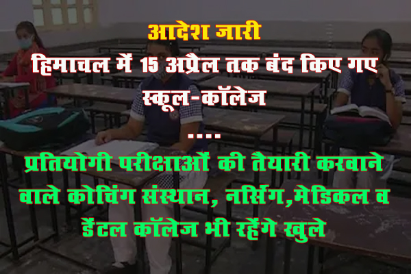 हिमाचल में 15 अप्रैल तक बंद किए गए स्कूल-कॉलेज, आदेश जारी