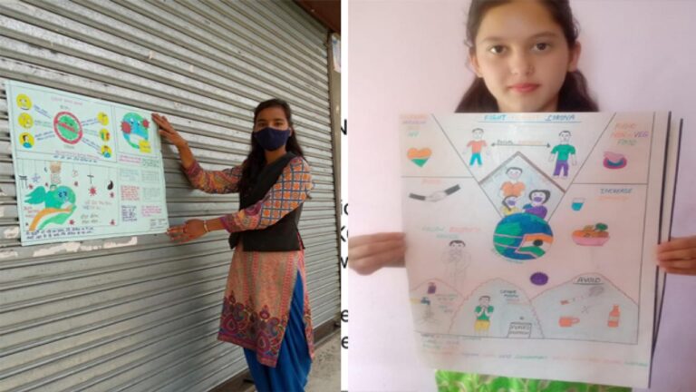 सार्वजनिक स्थान पर करोना जागरूकता का स्वयं निर्मित पोस्टर को लगाती निरमंड की एन0एस0एस0 की स्वयं सेवी ।