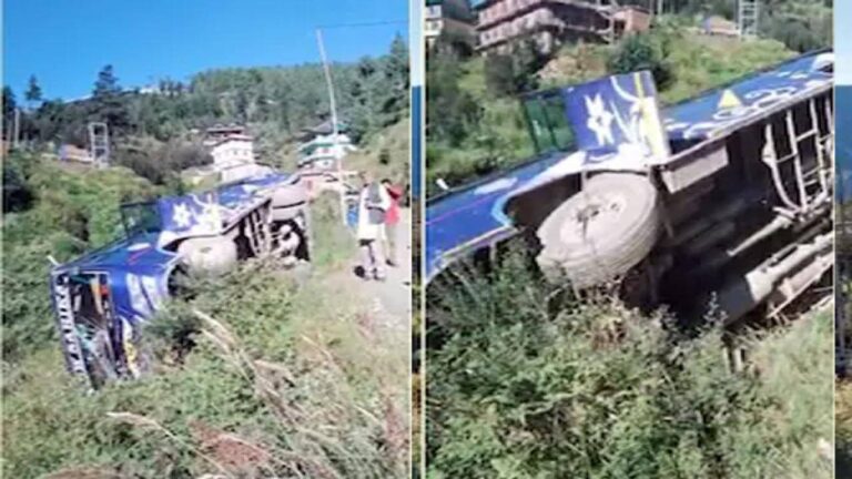 शिमला : निजी बस सड़क से लुढककर किनारे पर अटकी