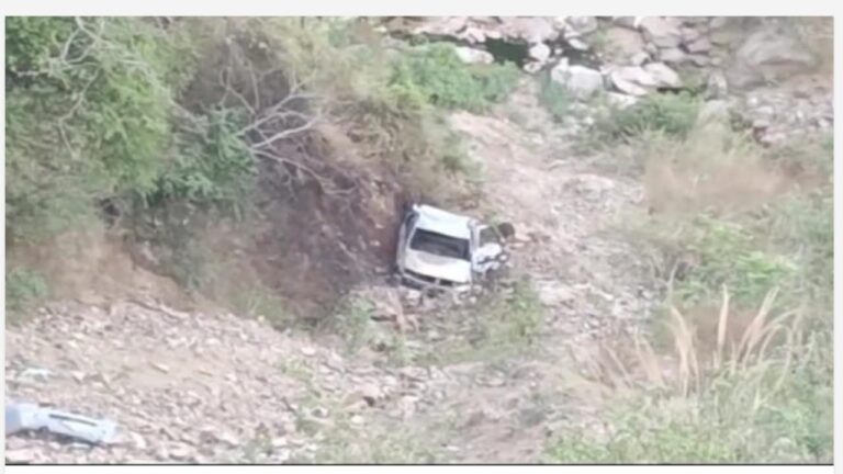 हरिपुर गुरुद्वारे के समीप गहरी खाई में गिरी कार, लगी भीषण आग