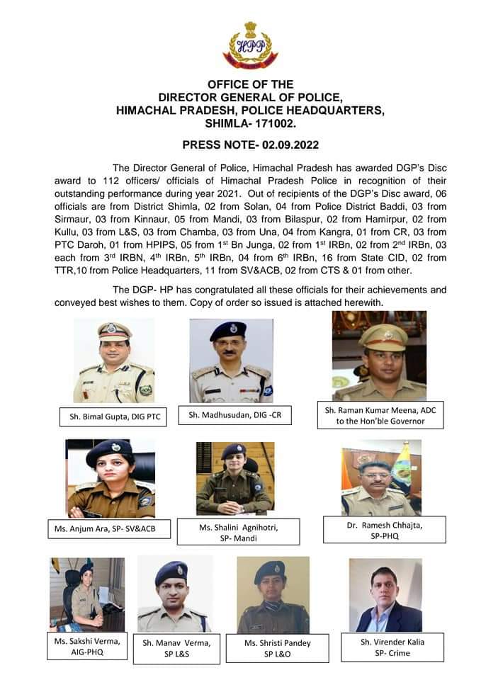 डीजीपी डिस्क अवार्ड: हिमाचल में उत्कृष्ट कार्य के लिए 112 पुलिस अधिकारियों और कर्मचारियों को किया गया सम्मानित