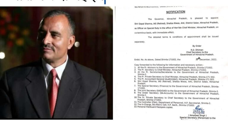 अर्की के रिटायर्ड आईएएस गोपाल शर्मा CM सुखविंदर सिंह के OSD नियुक्त