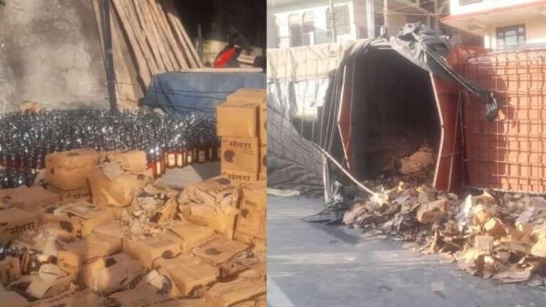 नाहन-कुमारहट्टी हाईवे पर शराब से भरा ट्रक पलटा