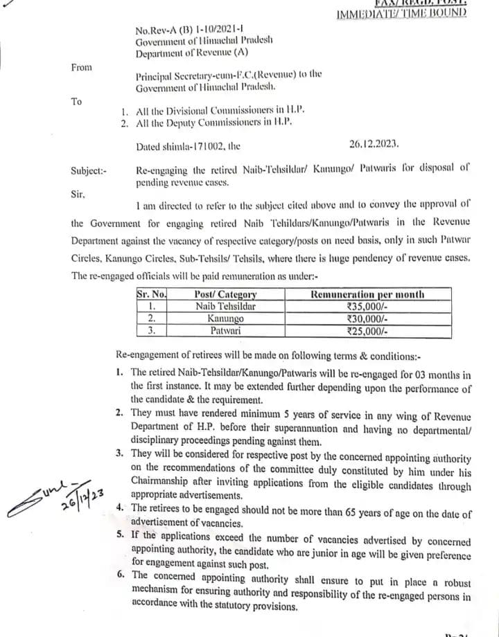 हिमाचल में रिटायर्ड पटवारी-कानूनगो-नायब तहसीलदार को दोबारा नौकरी