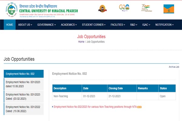 Central University of Himachal Pradesh , Government Jobs