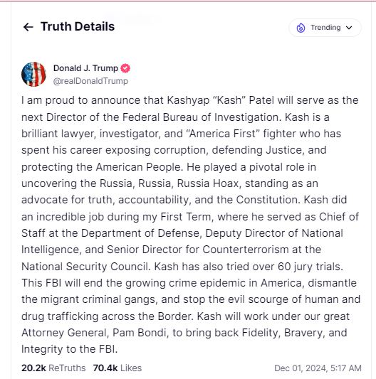 Donald Trump picks Indian-American Kash Patel as new FBI director