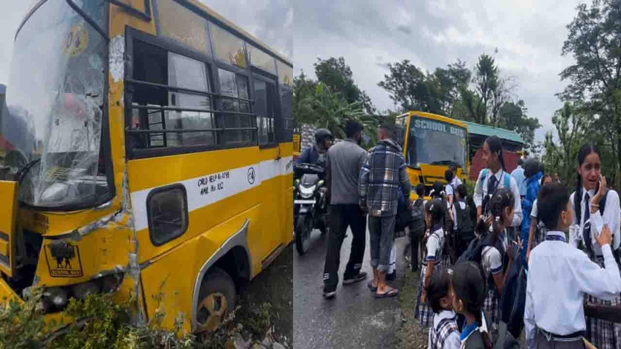Kangra News: निजी स्कूल की बस अनियंत्रित होकर सड़क के किनारे बने स्टोर से टकराई