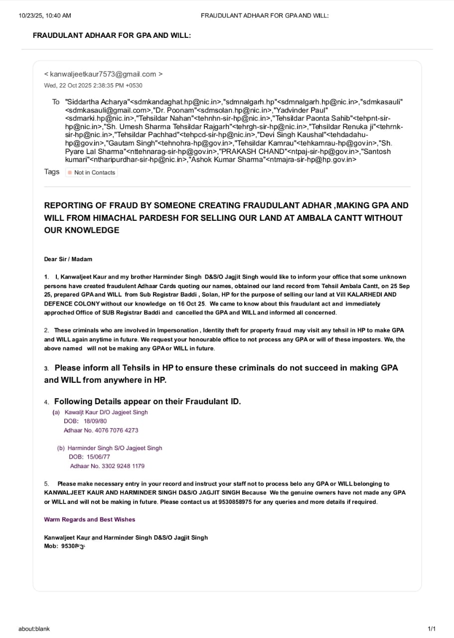 हिमाचल में बड़े पैमाने पर फल-फूल रहा GPA का कारोबार, बद्दी से तैयार हुए फर्जी कागजातों से अंबाला की कीमती जमीन हथियाने की कोशिश हुआ खुलासा